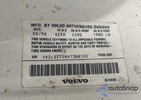 1997 Volvo 850 T5 z USA, uszkodzony, nr VIN YV1LS5726V1366102